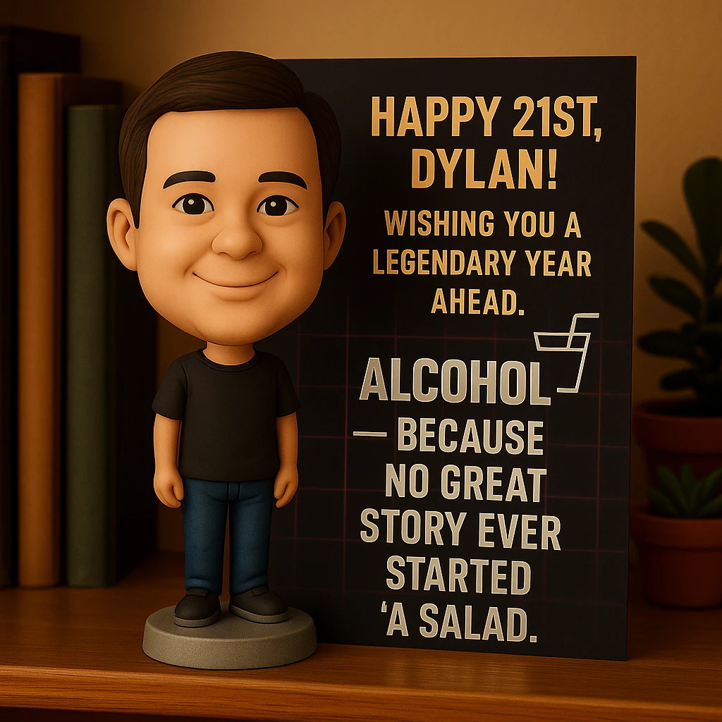 Add a birthday message: 'Happy 21st, Dylan! Wishing you a legendary year ahead.' Keep Dylan as a bobblehead character, minimal neon grid background, one drink icon, bold chrome text for the quote, and maintain the clean, balanced layout in the bobblehead style emoji