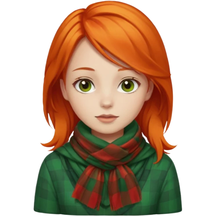 girl orange hair, wear red checkered scarf, green dress emoji