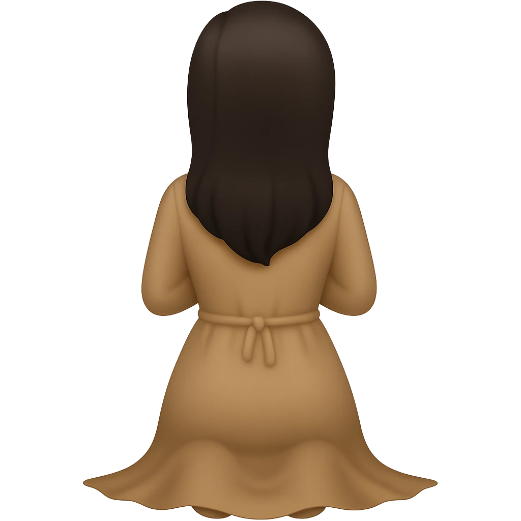 Edit the image to show a woman kneeling and praying from the back view, wearing a long tan dress and having dark brown hair. The style should resemble emoji style. Remove the background completely. emoji