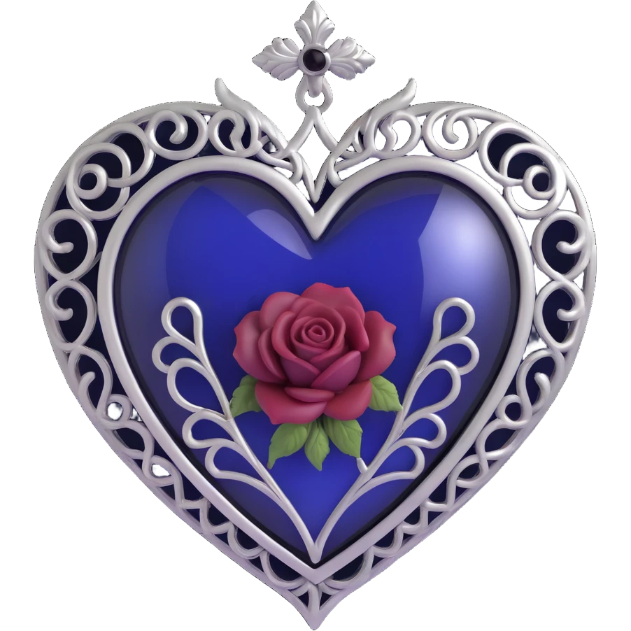 gothic heart, deep indigo glass, silver filigree, black rose accent, moody and elegant emoji