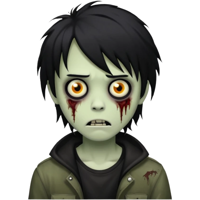 boy zombie with black medium-long emo shaggy hair, dark and spooky, creepy expression, cartoonish emoji
