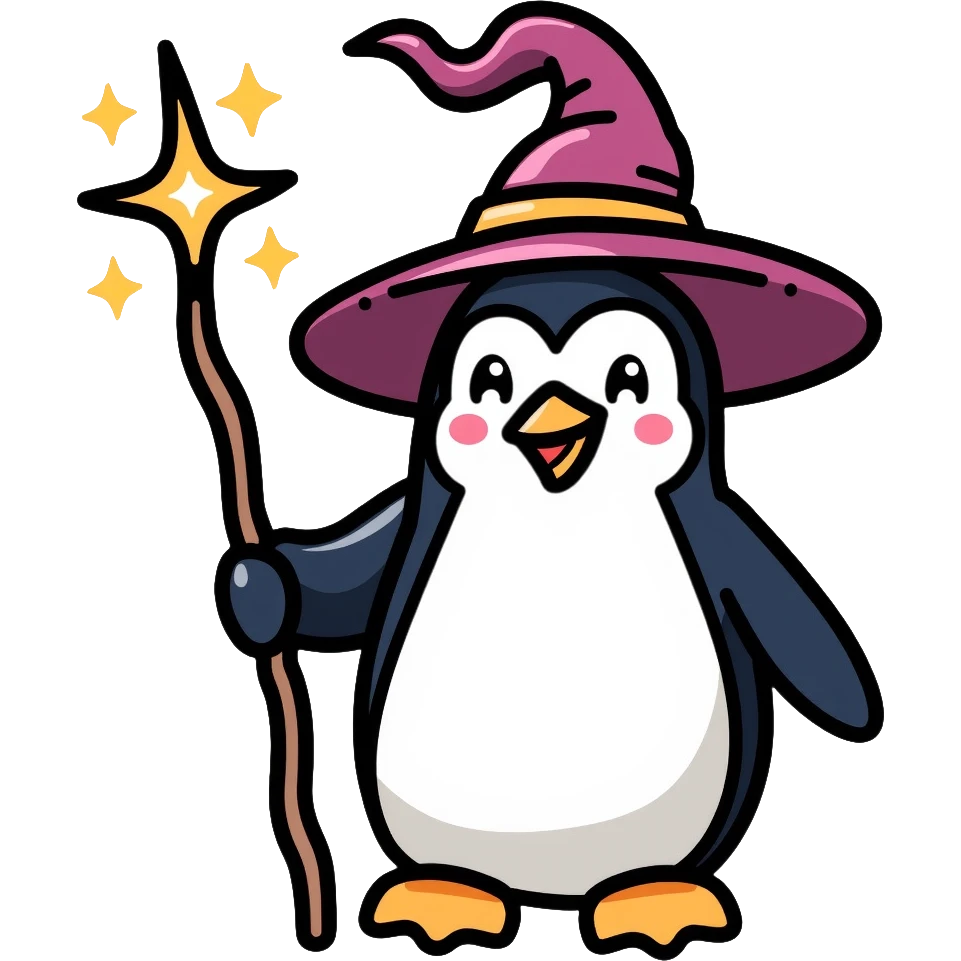 Penguin dressed as a wizard with a magical wand and pointy wizard hat emoji
