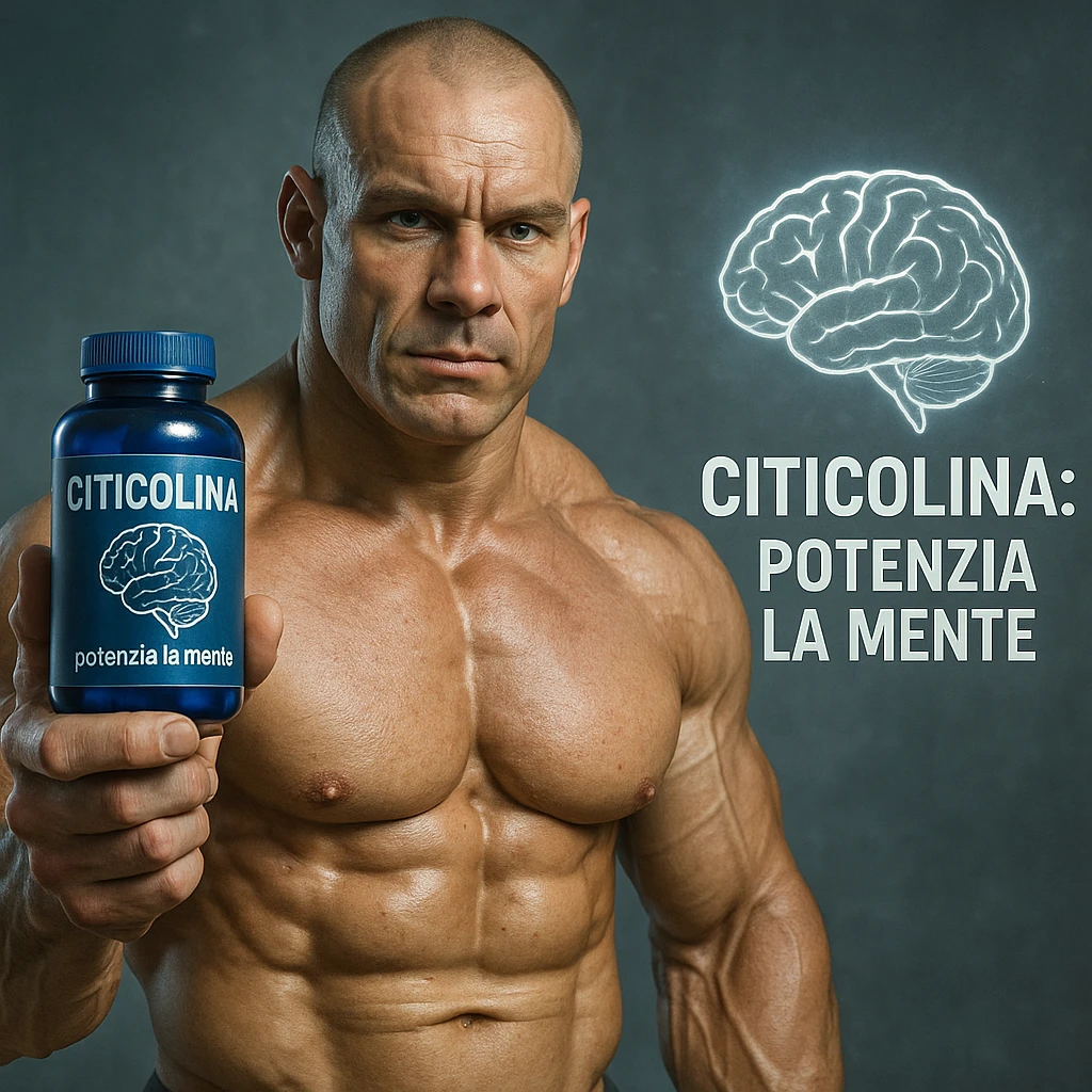 hyper realistic bodybuilder with Citicolina and brain symbol, sculpted muscles, blue bottle, brain icon next to it, text 'Citicolina: potenzia la mente', scientific atmosphere, realistic details emoji