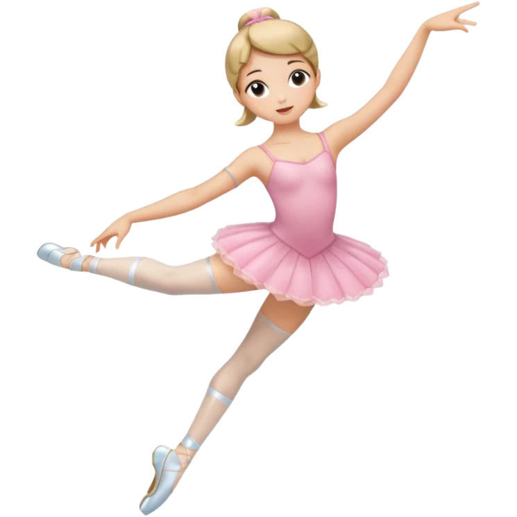 Una chica con vestuario de bailarina con las piernas flexionadas, el dedo índice en la boca, el tren superior inclinado hacia la izquierda y con la cadera proyectada hacia la izquierda emoji