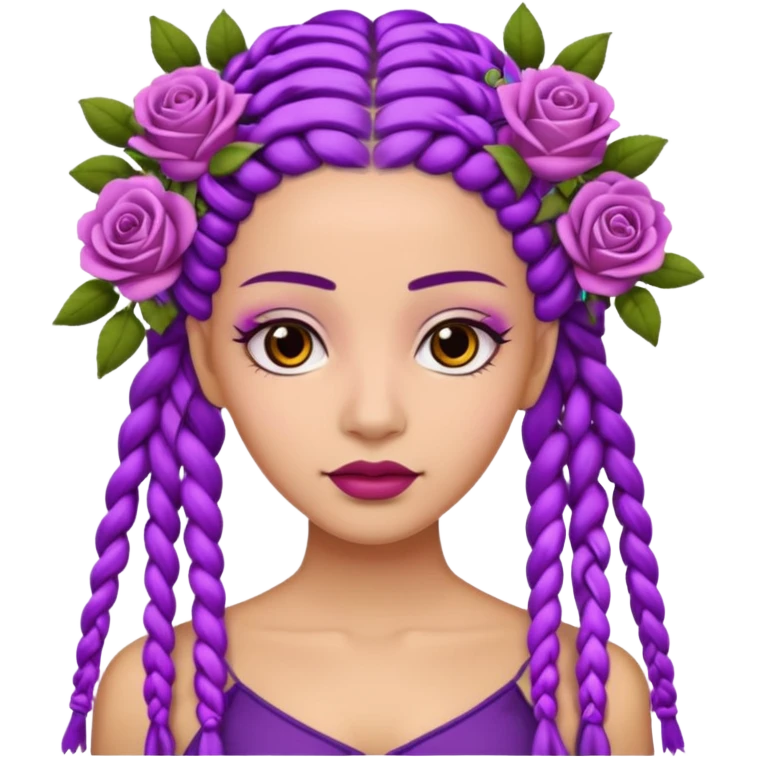 CrownedOlive skin queen with purple braids, brown eyes surrounded by roses emoji