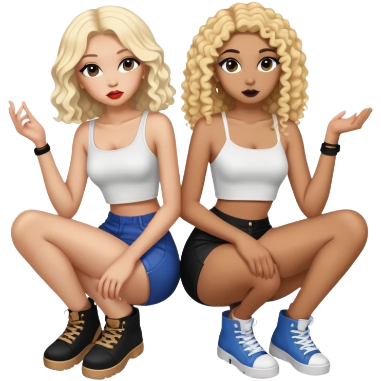 Full body of two teenage girls sitting together, one white with straight blonde hair and one brown-skinned with curly black hair, both with heavy makeup, big lips, crop tops and choni style clothing emoji