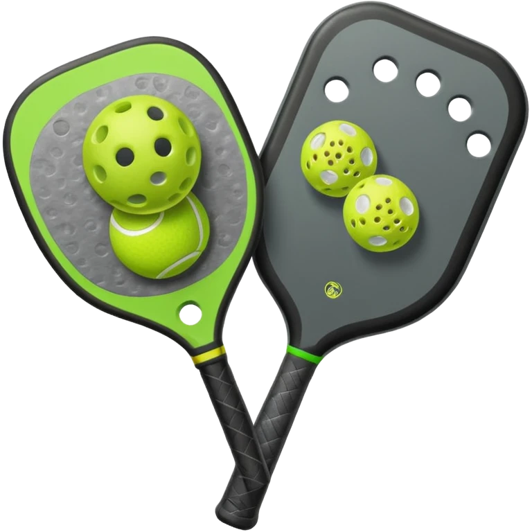 Modern Pickleball paddle, dark grey. Pickleball ball beside or on top the paddle florescent green at 45 degrees emoji