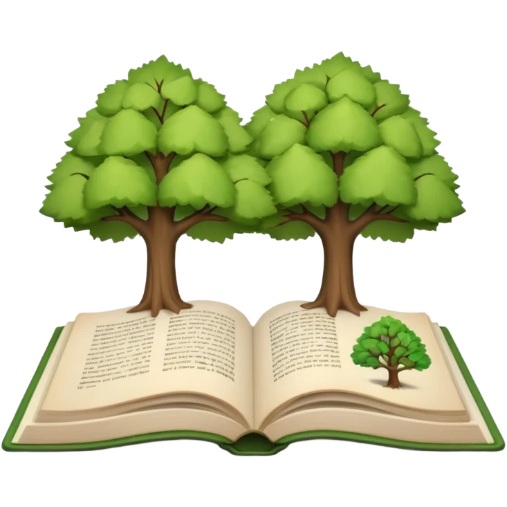 A 3D cartoon open book showing illustrations of two trees—one green and one dry—clean background, soft shadows, realistic Memoji-style look. emoji