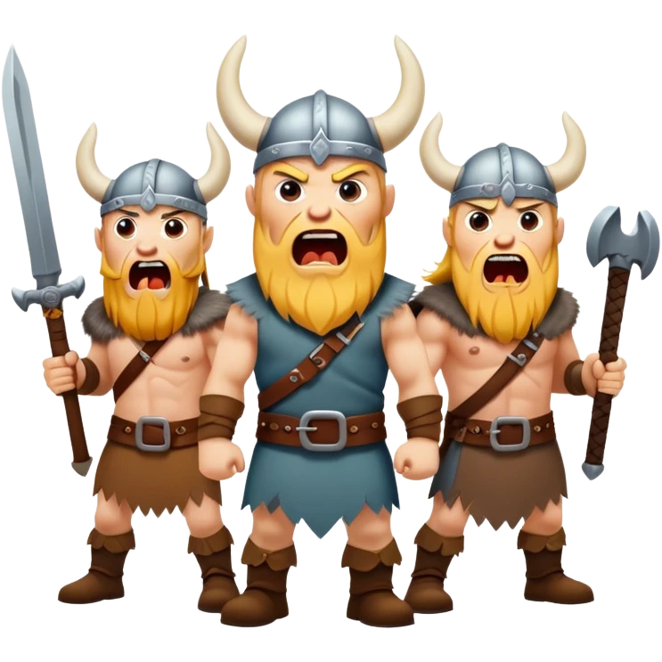 three different Vikings scream, weapons in their hands, realistic emoji