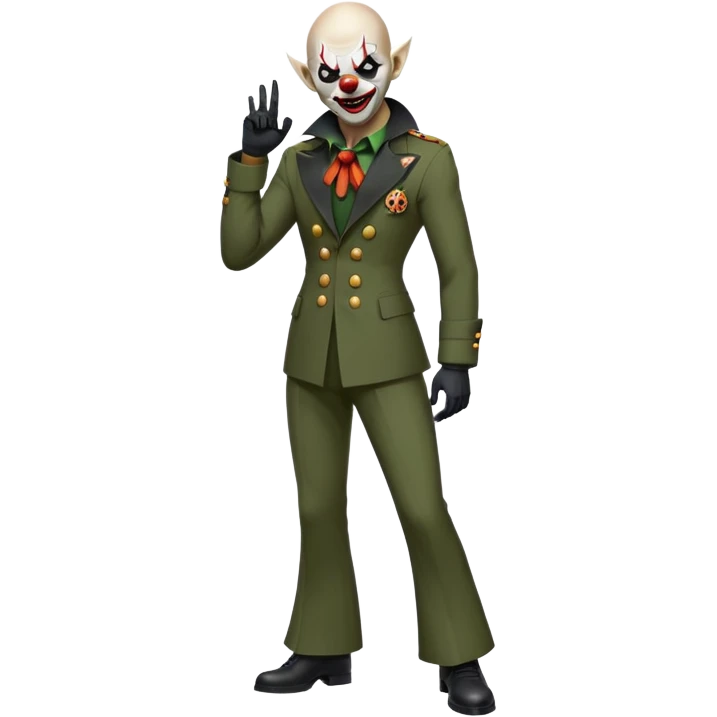 evil clown, bald, short black devil horns on forehead, fangs, pointed ears, black and military green leisure suit with bellbottom pants, realistically proportioned, less bulky, full body, battle-ready, fighting posture emoji