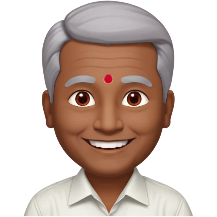 50 yr old indian man, dark skin, grey hair, big smile, white teeth, chubby, no moustache, clean shaven, young style hair, hair brushed back, 5 oclock shadow, bindy, dress shirt, forehead dot, chubby, religious, red dot emoji