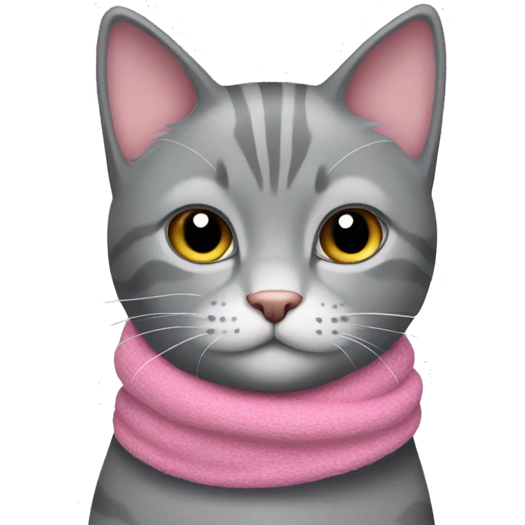 A grey cat with a pink scarf that is super cute  emoji