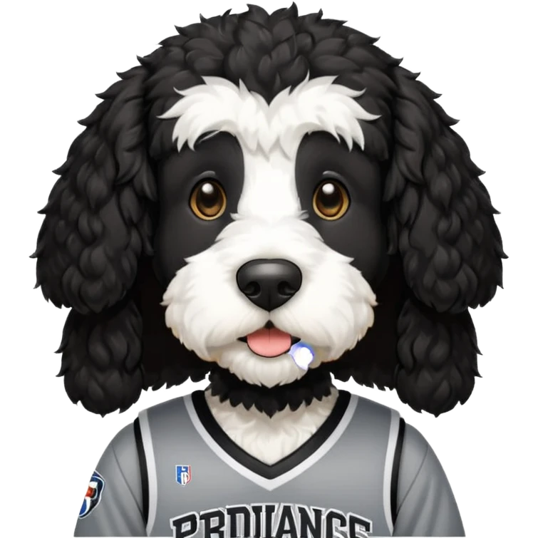 A black Bernedoodle with a white chest with a Providence friars basketball jersey on emoji