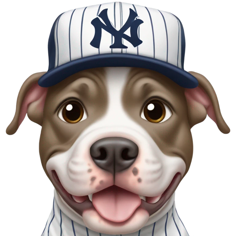 Pitbull smiling with a New York Yankees Jersey and cap on his head emoji