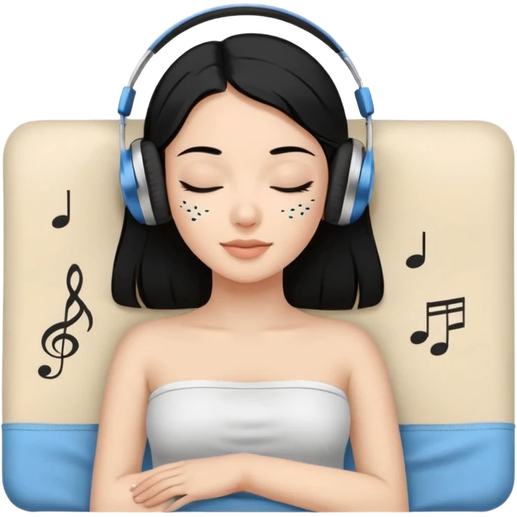 A stylized young woman with black hair lying on a massage table, relaxed, wearing headphones, small musical notes around the head. Flat vector style, thick black outline, simple palette (warm beige-brown tones + accent blue), clean background, high legibility at small size. 72x72, square, vector. emoji