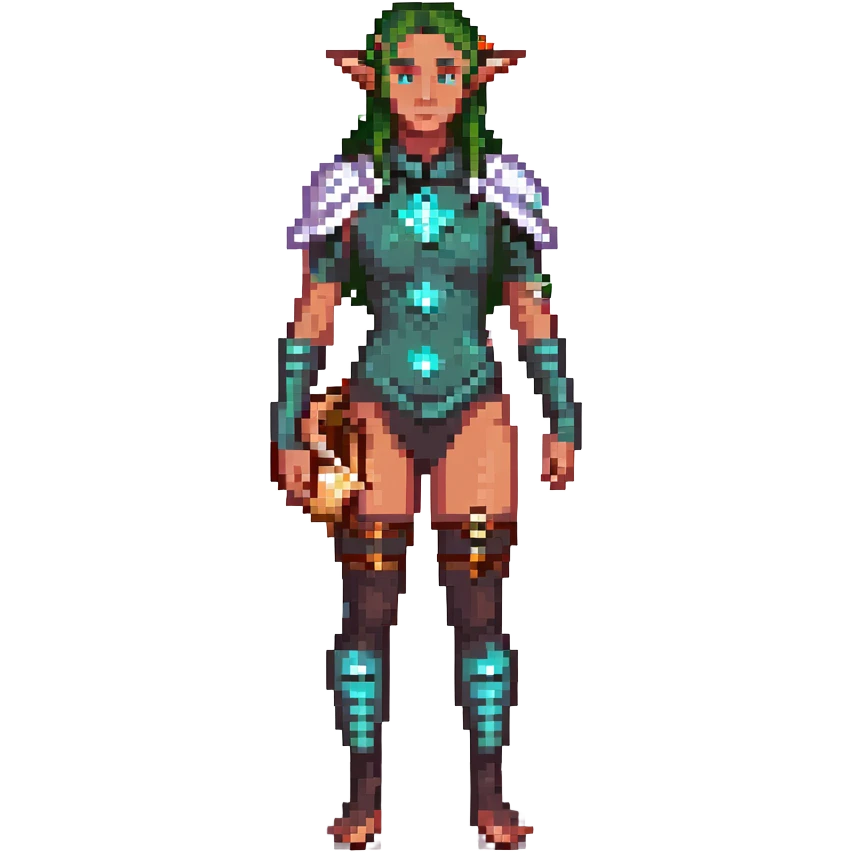 elf female Short wetsuit-style garb, glowing runes on skin, holding a conch horn. emoji