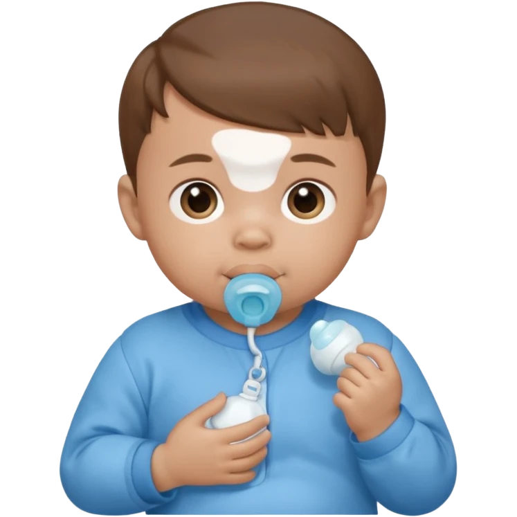 A cartoon baby with light skin, small tuft of hair, wearing a baby outfit, holding a pacifier, front-facing emoji