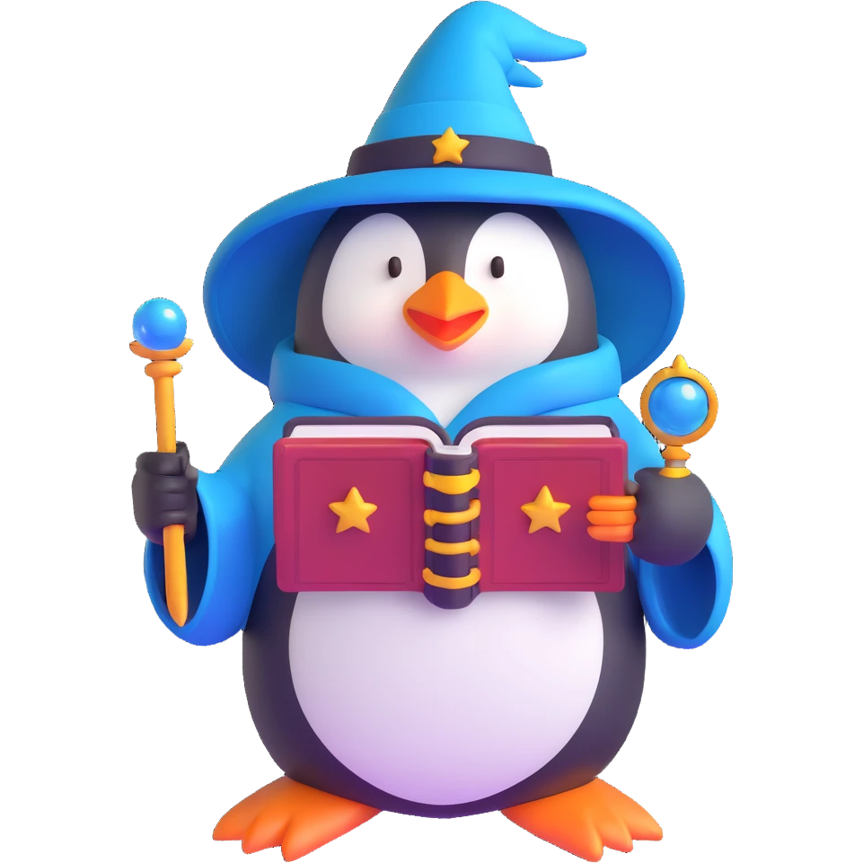 penguin wizard holding an open spellbook emoji