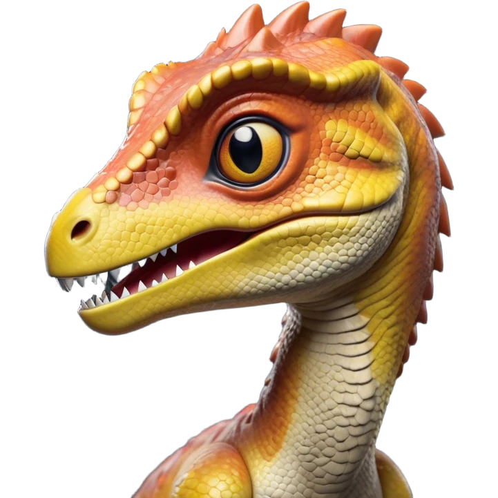 Cinematic Realistic Cute velociraptor/T-rex Portrait Emoji, Head tilted playfully and inquisitively, featuring a compact, slightly rounded build with intricately detailed, textured scales in natural hues and a surprisingly endearing face with bright, curious eyes, rendered with lifelike clarity and warm natural light, high shine, affectionate and quirky, styled with a touch of prehistoric whimsy, soft glowing outline, capturing the essence of a mischievous yet lovable velociraptor/T-rex that seems poised to stomp playfully into your arms! emoji