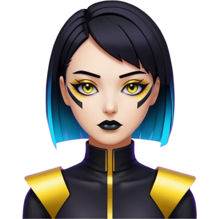 Cyberpunk woman, sleek black bob, gold neck cyberware, sharp eyeliner, neon lighting emoji