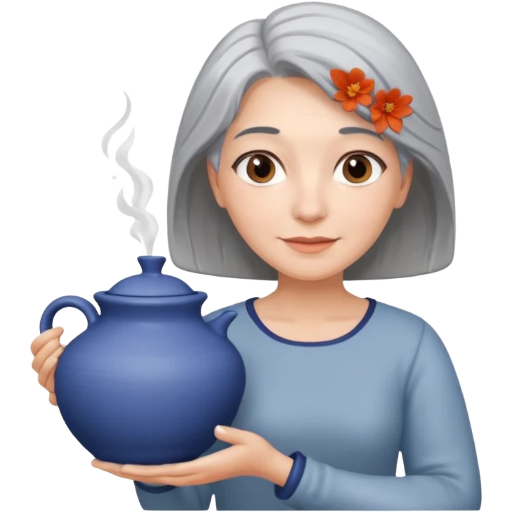 Woman with grey hair with ceramics emoji