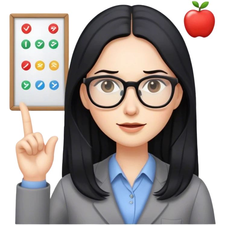 pale female teacher with long black hair, wearing glasses teaching language emoji