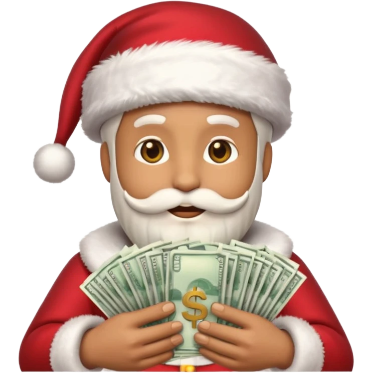 A confident rich emoji face wearing a Santa hat, money stacks, casino vibe, New Year theme, premium 3D emoji style, sharp details, no text, isolated on transparent background emoji