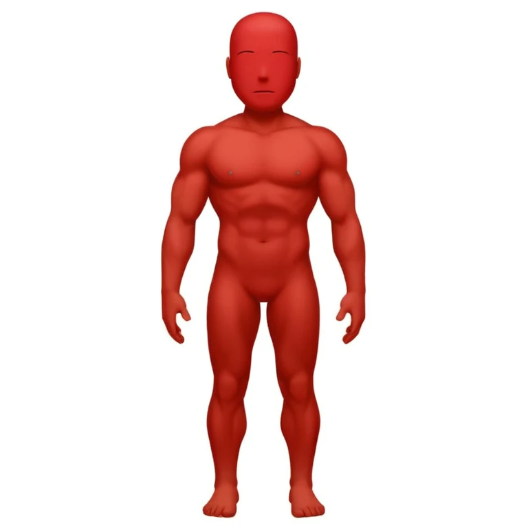 minimalistic flat Apple iOS icon, front view of a human body silhouette, no face details, standing straight, chest, biceps, and quadriceps clearly highlighted with red color, white background, no extra elements emoji