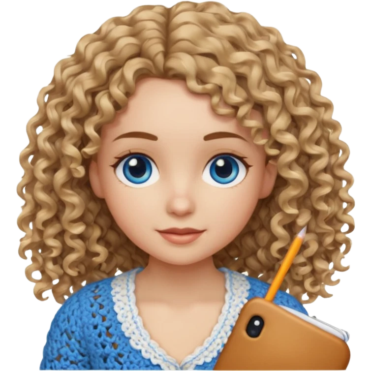 Girl with long light brown slightly blonde ish naturally wavy/curly hair and blue eyes who likes to crochet emoji