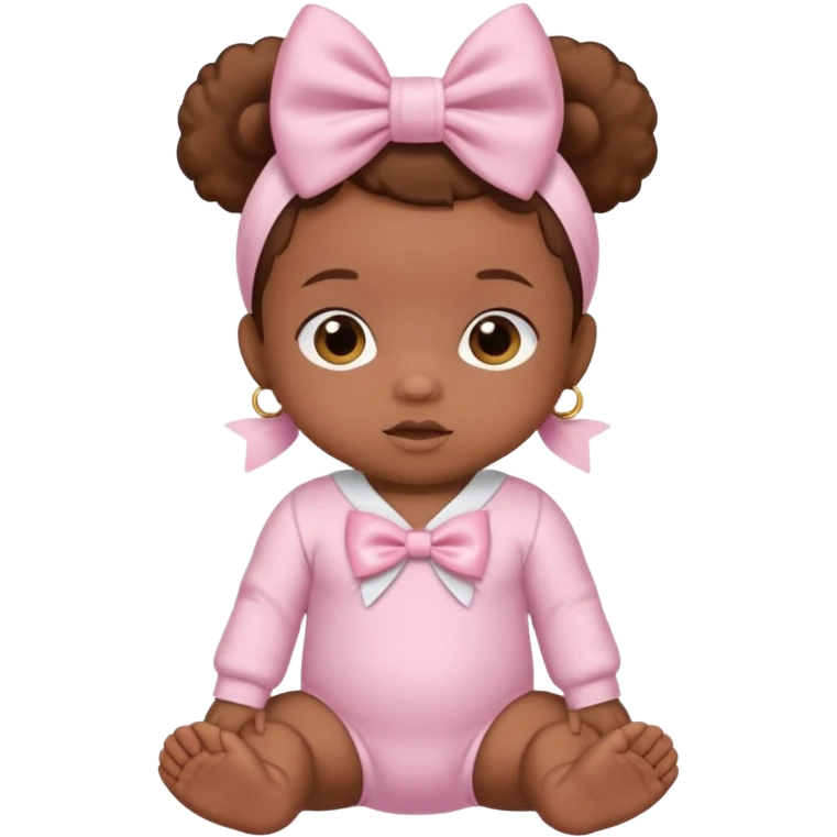 Brown skin baby with satin baby pink onesie and white bow emoji