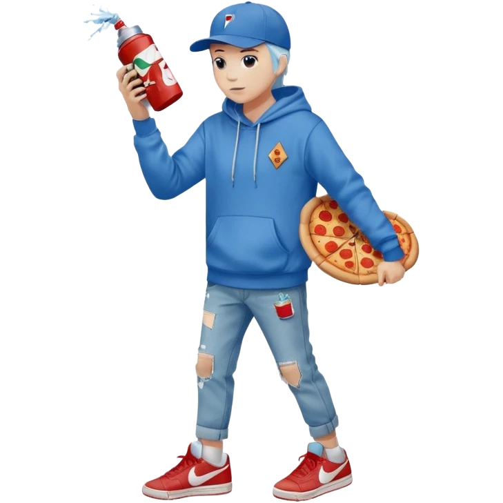 The American person. With white skin. And a blue baseball cap. A light red hoodie. With pizza on it. And torn blue jeans. With Nike shoes on. Holding  A spray paint can. emoji
