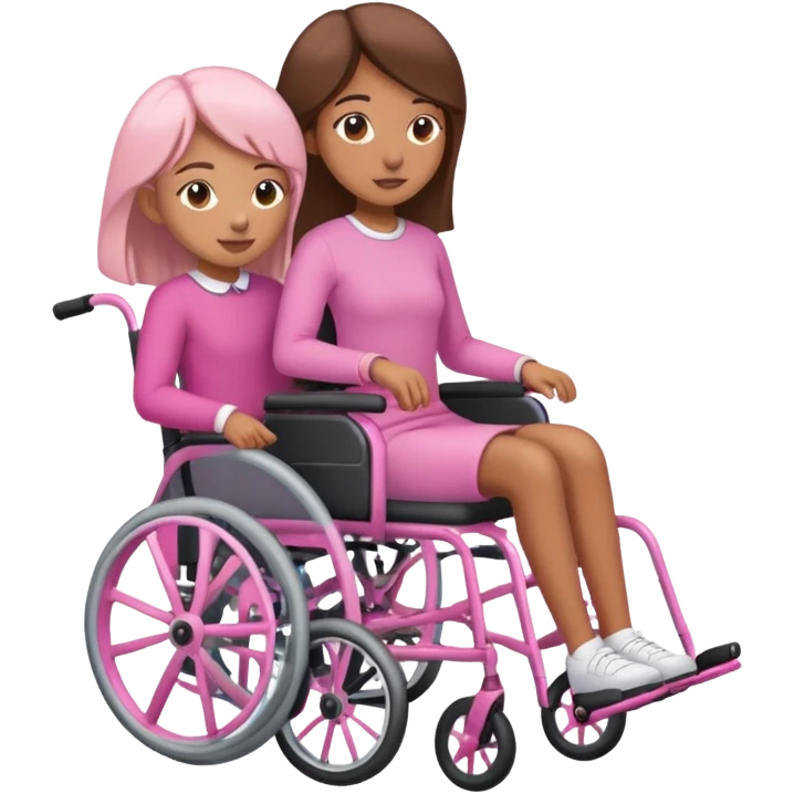 One tan skin sister pushing her light brown skin sister in a pink wheelchair emoji