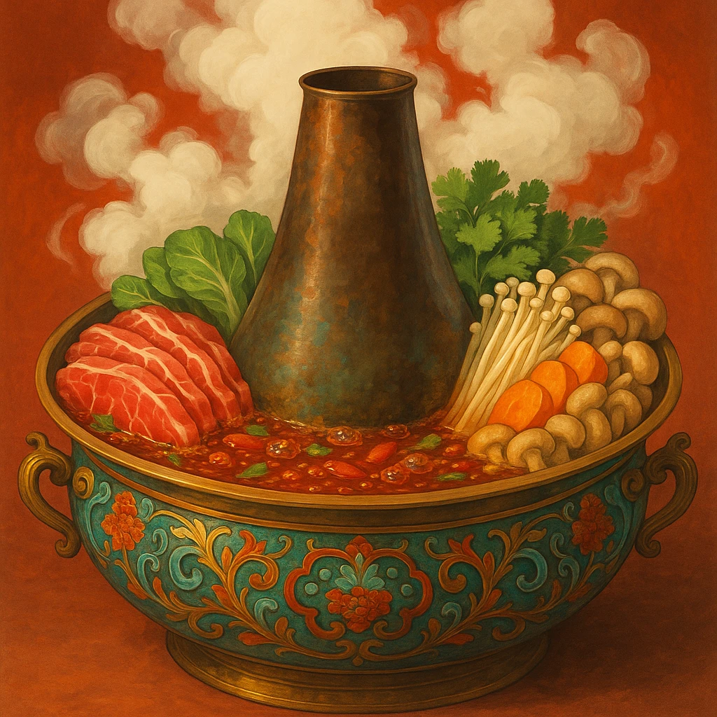 traditional Asian style hotpot, ornate pot, lots of steam, vibrant colors emoji