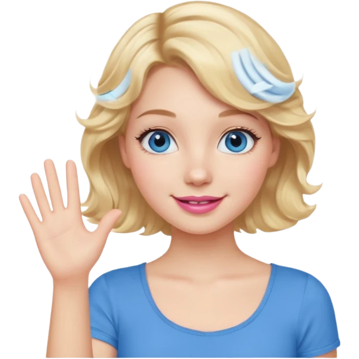 Girl Blonde short wavy hair,  blue eyes, cute blue top, long lashes, pink lips, waving hello  emoji