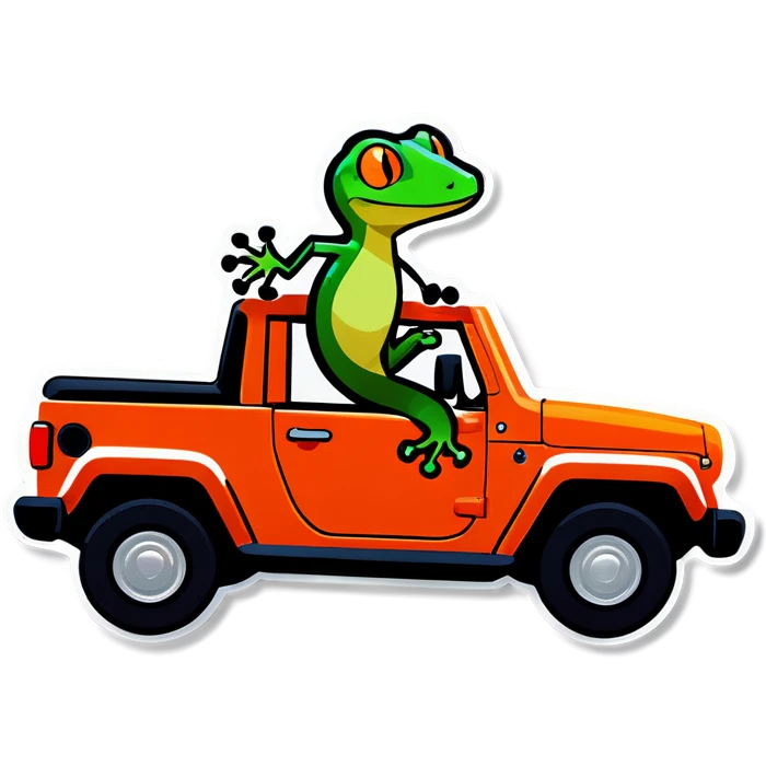 Gecko climbing on a orange jeep emoji