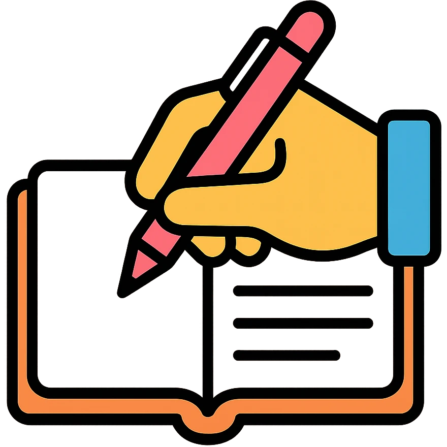 close-up view of a hand writing with a pink pen in a notebook, color outline icon style emoji