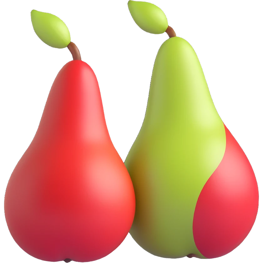 two pears: one whole, one half, with red-green skin, 3D iOS style, volumetric shapes, pastel colors, soft lighting, modern iOS icon style, no background emoji