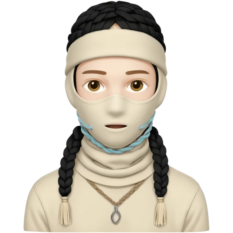 Ultra-detailed studio shot of a post-apocalyptic off-white balaclava — deconstructed, frayed, layered, with braided rope tassels and subtle embroidery. Minimalist white background, soft lighting, sharp focus. High-fashion streetwear aesthetic. The face of a person in a mask should not be visible emoji