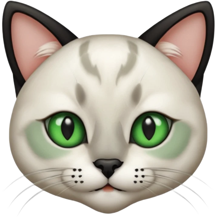 Haz una gata de ojos verdes la cara blanca con mancha negra en las orejas que agarra parte de la frente del lado der pero del iz va desde el ojo hasta la oreja la mancha, tiene la nariz negra en forma de corazón y todo lo que sobra de la cara, barbilla la nariz arriba y el lado de bigotes es blanca emoji