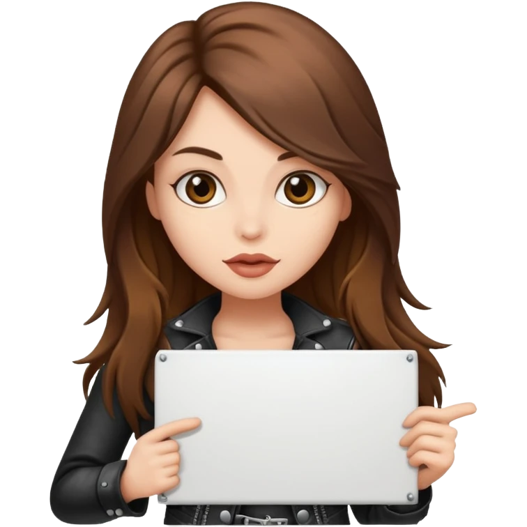 A fair skin rocker chick with long brown hair holding a large blank sign emoji