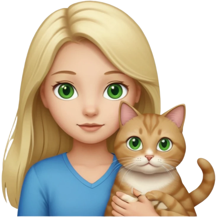 blonde girl with long blonde hair and blue eyes with tabby brown cat with green eyes and chubby gray cat with big green eyes emoji