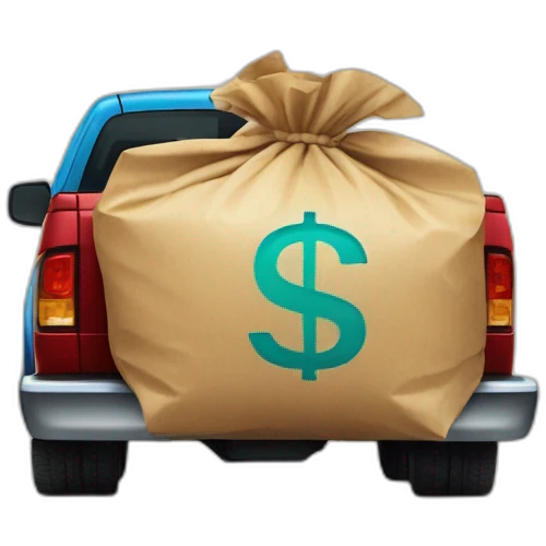 big bag with a dollar sign on it being transported on the back of a pickup truck emoji