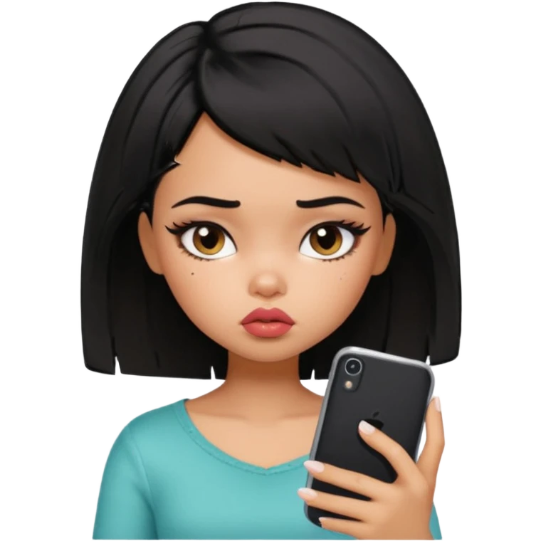 generate a pretty bratz girl with short black messuy hair, looking tired and using her phone emoji