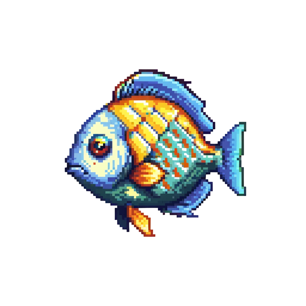 Tropical colorful fish for Minecraft inventory, eye pointing down-left at 45-degree angle, square texture, pixel art game asset emoji