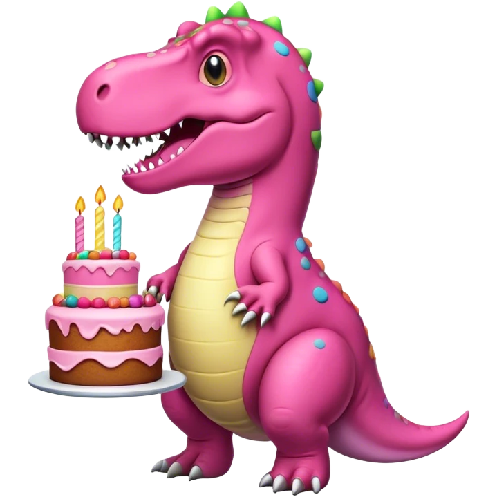 A pink t-rex with cake emoji