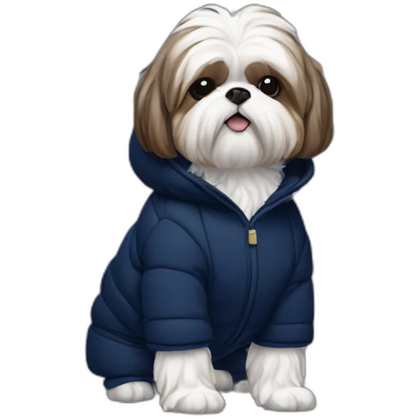 White and brown Shih tzu in navy blue puffer coat emoji