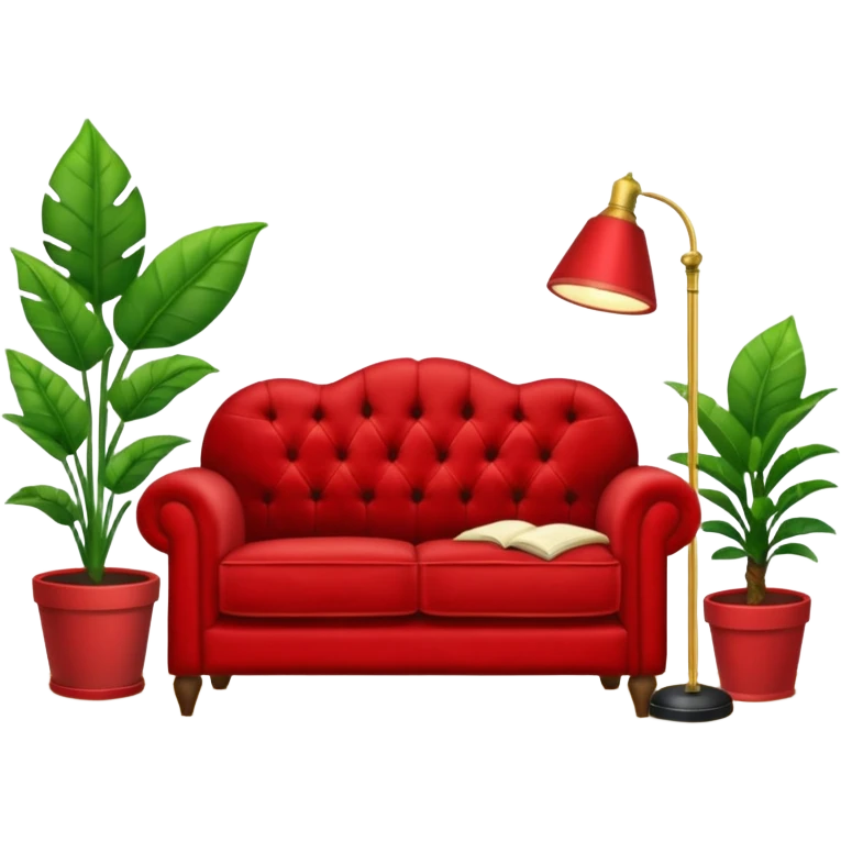 red velvet luxury loveseat with a mic in front, houseplant in back, and floor lamp in back emoji