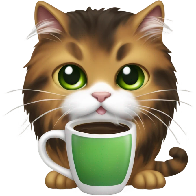 Long hair tortoise shell cat with green eyes and a white patch of fur over right eye drinking coffee emoji