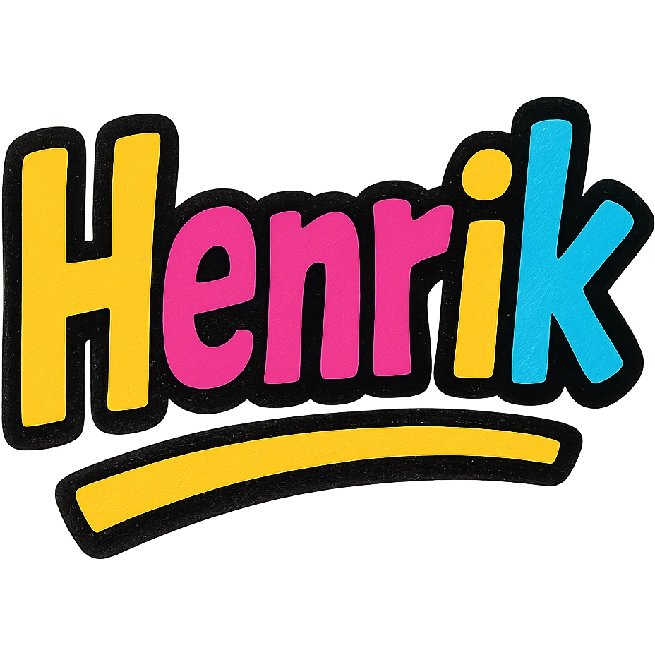 The name 'Henrik' in a modern, colorful gradient font with a dark outline, dynamic style with slanted or partial underline, in the style of reference patterns. emoji