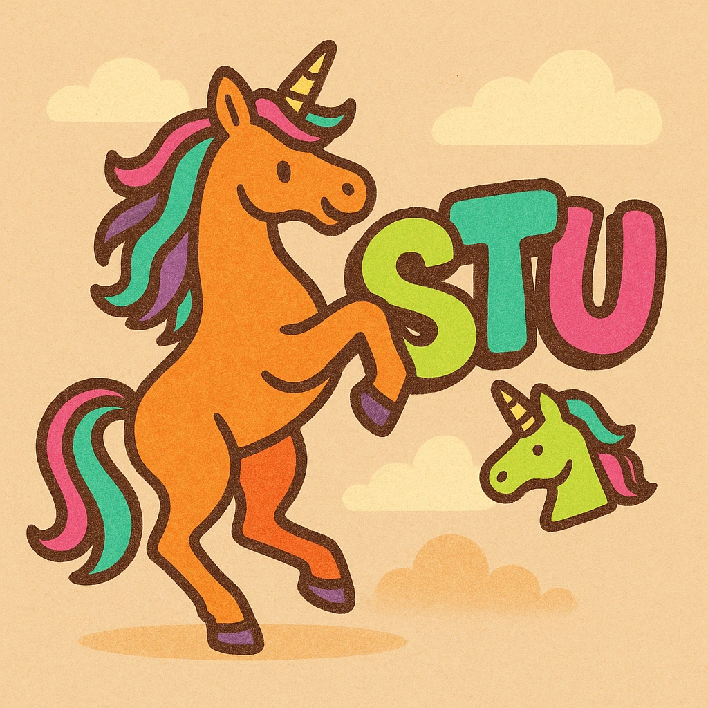 Discord emoji with text 'STU 🦄' in graffiti lettering, neon colors, dynamic unicorn illustration, stylish and perfect for Discord community emoji